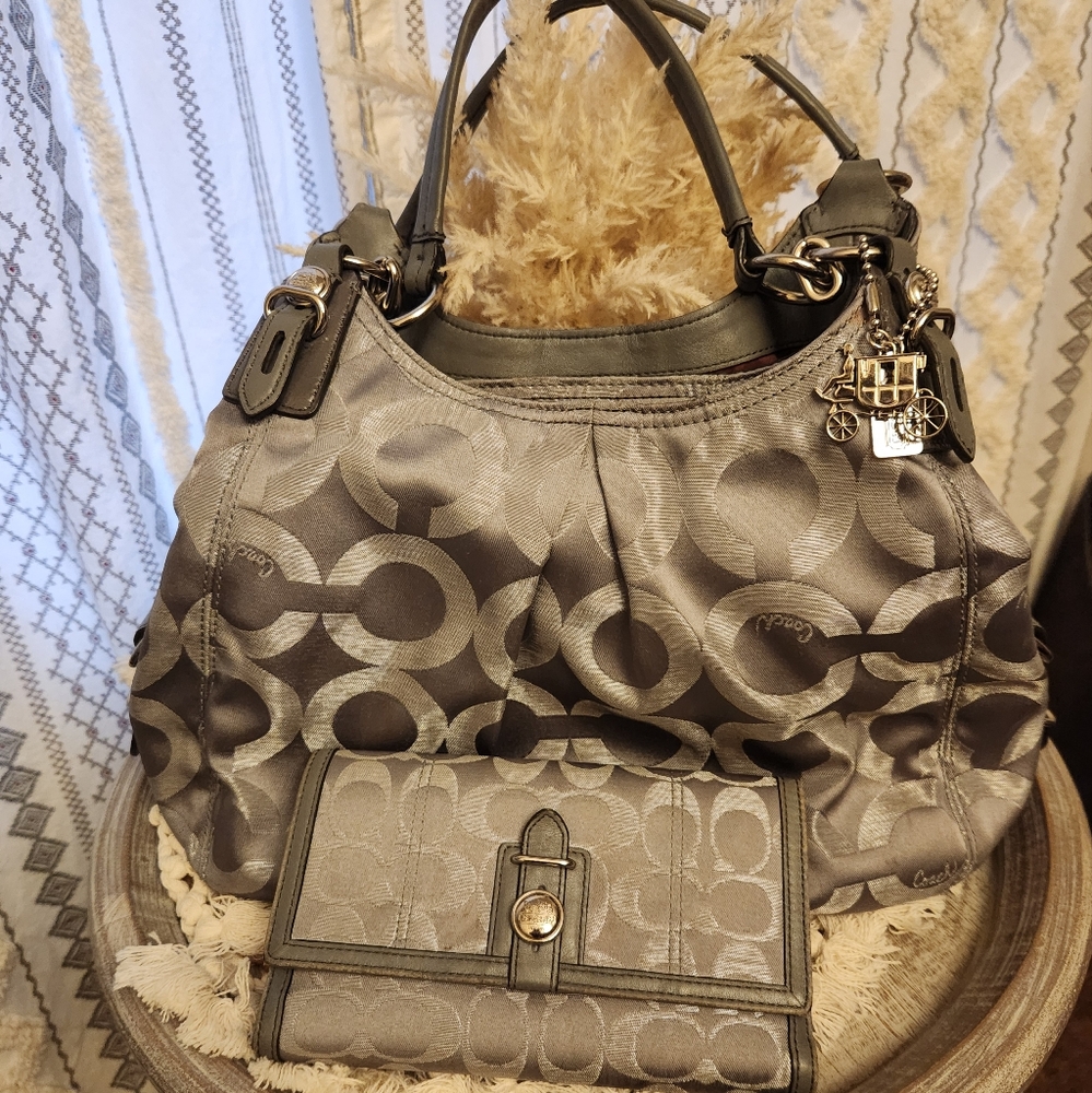 Coach Grey/Silver Canvas and Leather Maggie Shoulder Bag & Wallet